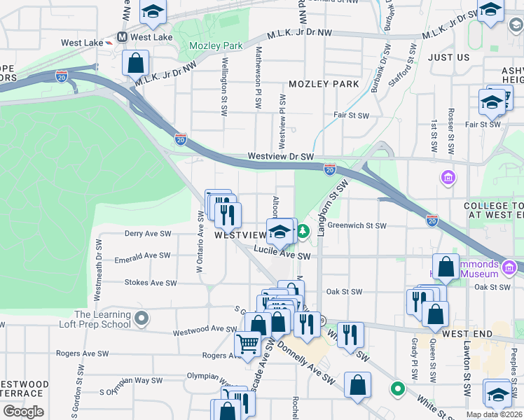 map of restaurants, bars, coffee shops, grocery stores, and more near 415 Mathewson Place Southwest in Atlanta