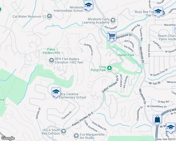 map of restaurants, bars, coffee shops, grocery stores, and more near 30043 Grandpoint Lane in Rancho Palos Verdes