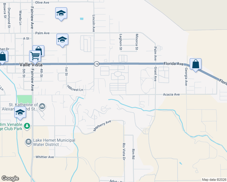 map of restaurants, bars, coffee shops, grocery stores, and more near 44725 East Florida Avenue in Hemet