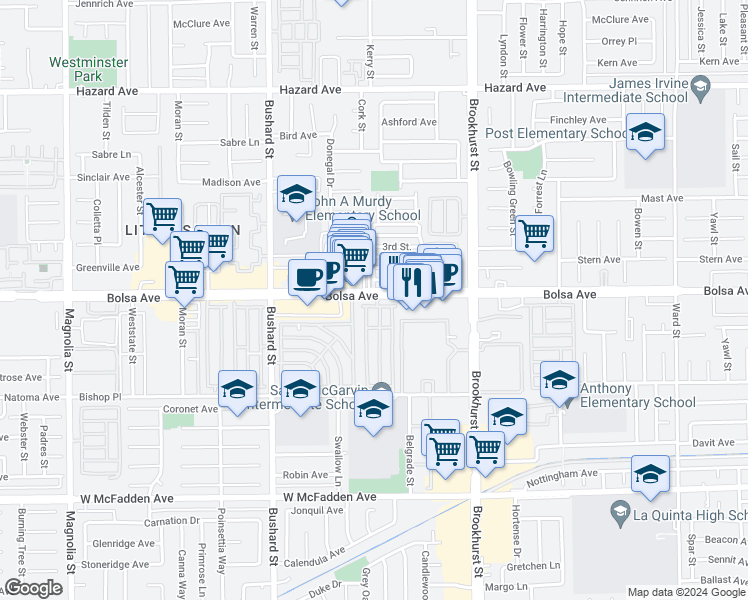 map of restaurants, bars, coffee shops, grocery stores, and more near 9800 Bolsa Avenue in Westminster