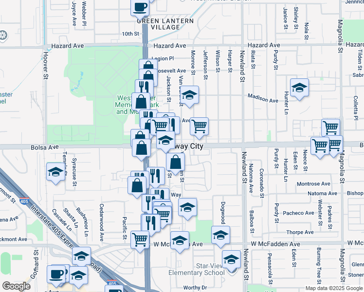 map of restaurants, bars, coffee shops, grocery stores, and more near 8200 Bolsa Avenue in Midway City