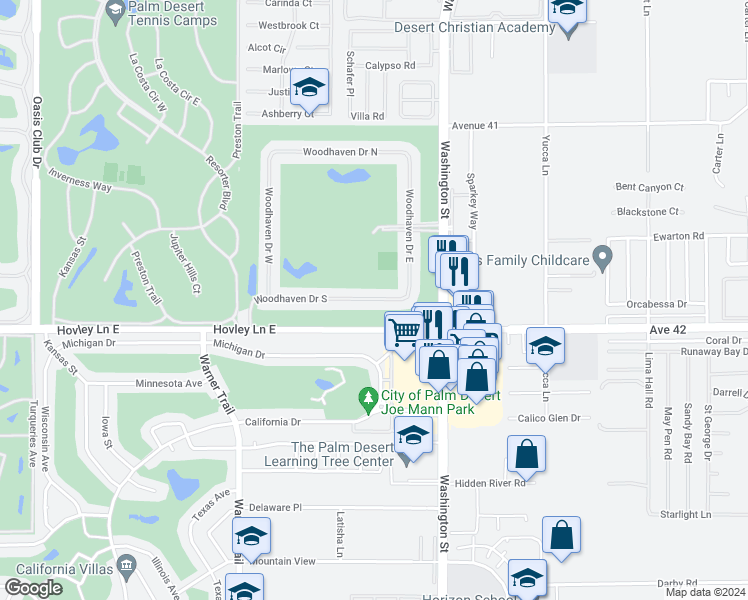 map of restaurants, bars, coffee shops, grocery stores, and more near 77823 Woodhaven Drive North in Palm Desert