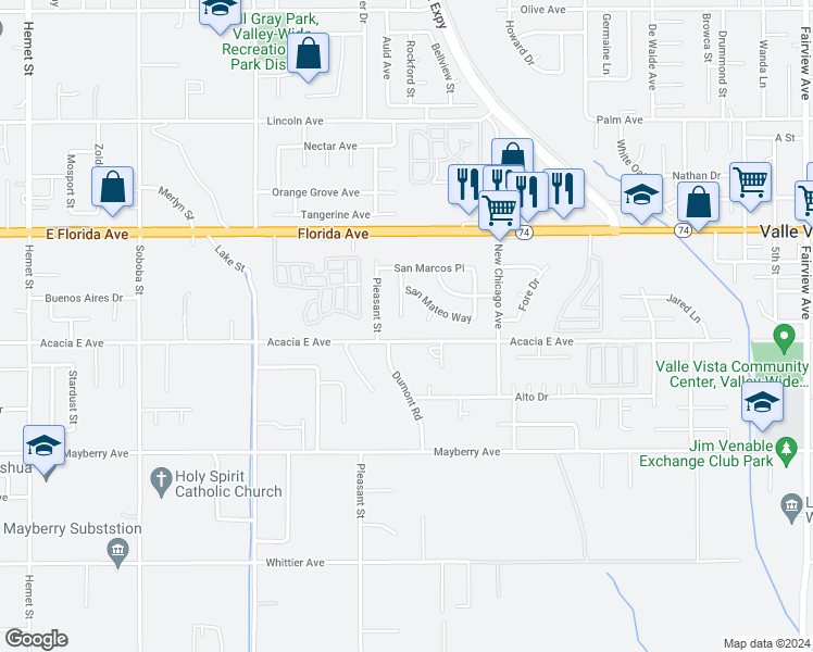 map of restaurants, bars, coffee shops, grocery stores, and more near 25970 San Marino Lane in Hemet