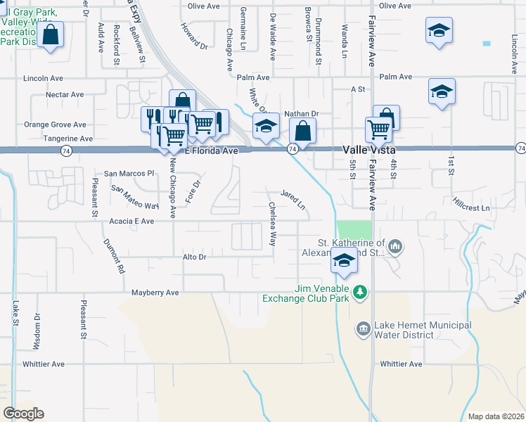 map of restaurants, bars, coffee shops, grocery stores, and more near 43609 Walden Way in Hemet
