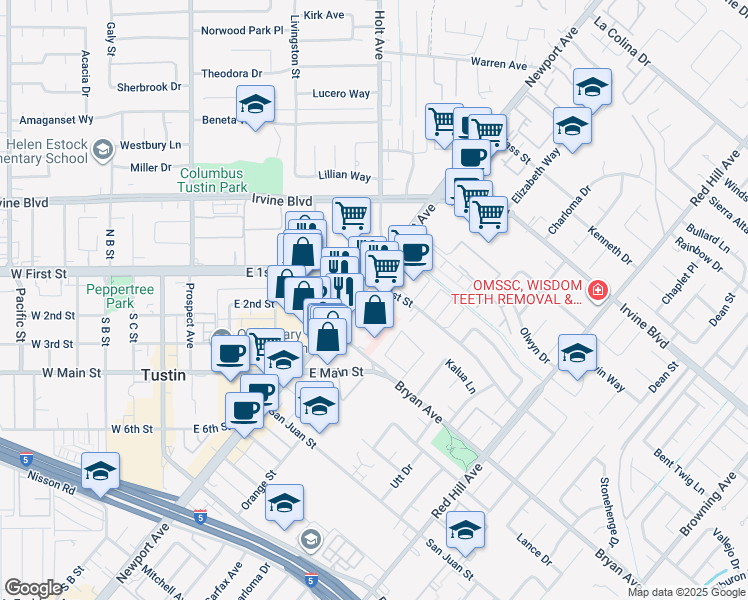 map of restaurants, bars, coffee shops, grocery stores, and more near 13372 Newport Avenue in Tustin