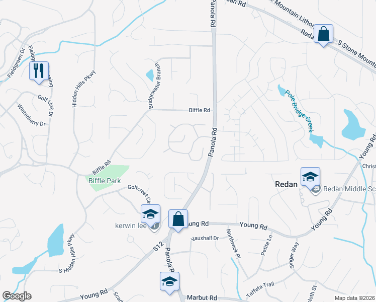 map of restaurants, bars, coffee shops, grocery stores, and more near 5393 Biffle Downs Road in Stone Mountain