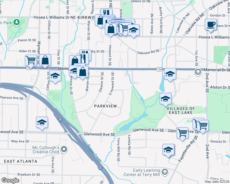 map of restaurants, bars, coffee shops, grocery stores, and more near 310 South Howard Street Southeast in Atlanta
