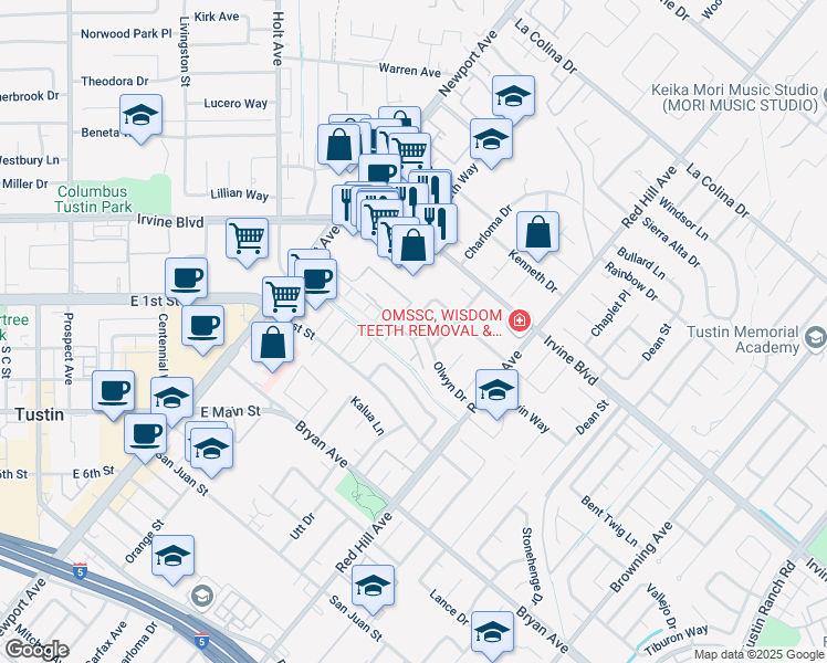 map of restaurants, bars, coffee shops, grocery stores, and more near 1342 Olwyn Drive in Tustin