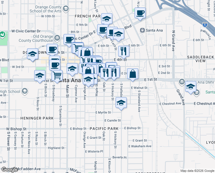 map of restaurants, bars, coffee shops, grocery stores, and more near 520 East Walnut Street in Santa Ana