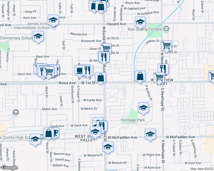 map of restaurants, bars, coffee shops, grocery stores, and more near 5201 West Henderson Place in Santa Ana