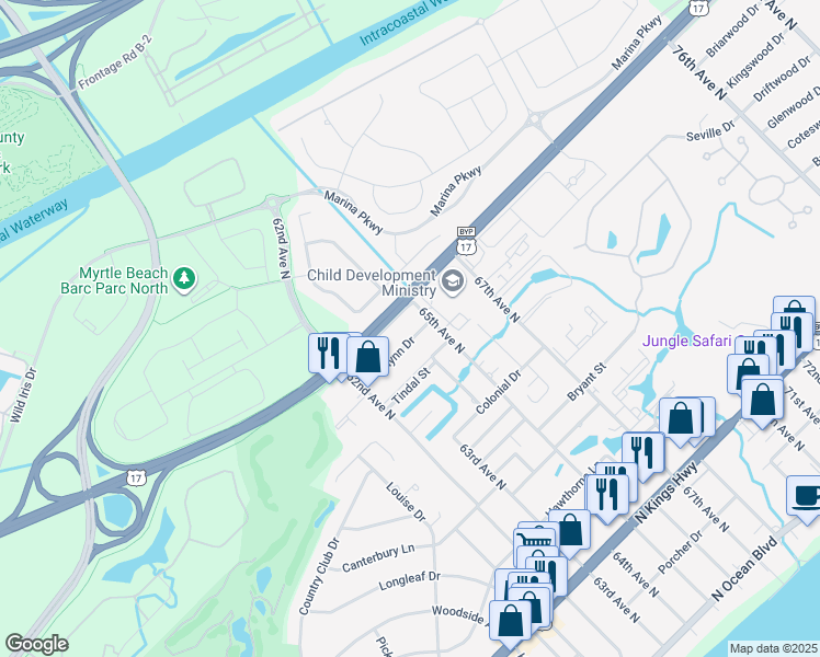 map of restaurants, bars, coffee shops, grocery stores, and more near 6217 Tindal Street in Myrtle Beach