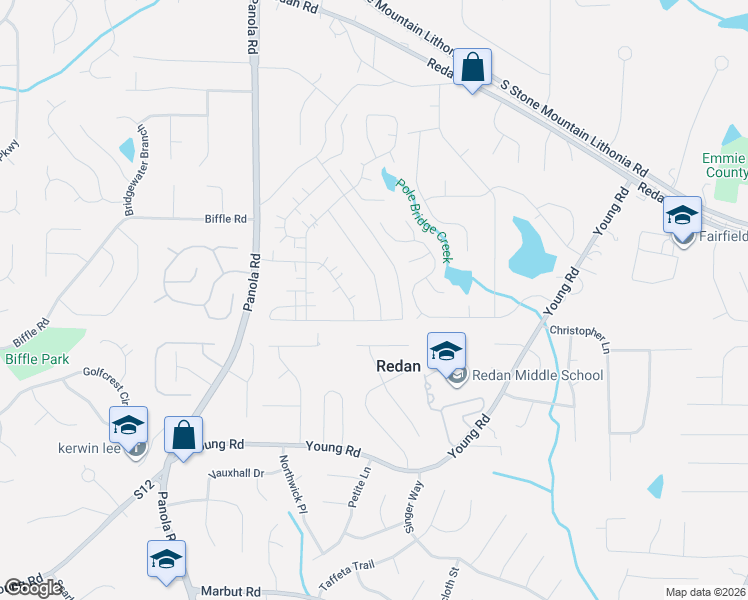 map of restaurants, bars, coffee shops, grocery stores, and more near 5585 Circlestone Lane in Stone Mountain
