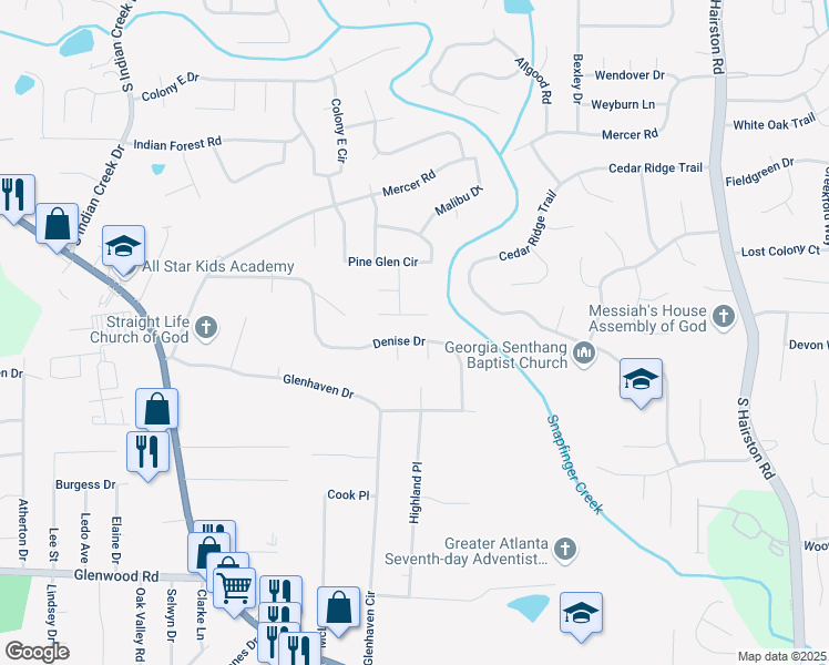 map of restaurants, bars, coffee shops, grocery stores, and more near 4448 Denise Drive in Decatur