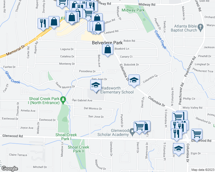 map of restaurants, bars, coffee shops, grocery stores, and more near 3080 Santa Monica Drive in Decatur