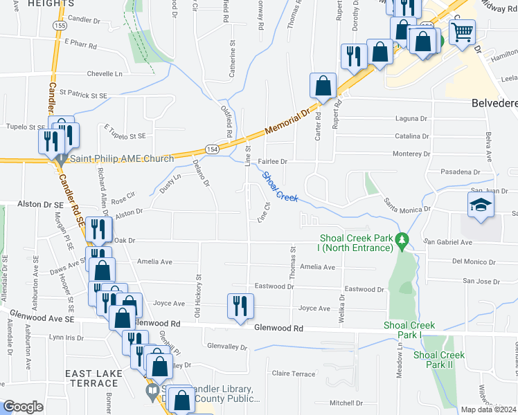 map of restaurants, bars, coffee shops, grocery stores, and more near 1637 Line Circle in Decatur