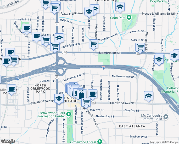 map of restaurants, bars, coffee shops, grocery stores, and more near 1354 McPherson Avenue Southeast in Atlanta