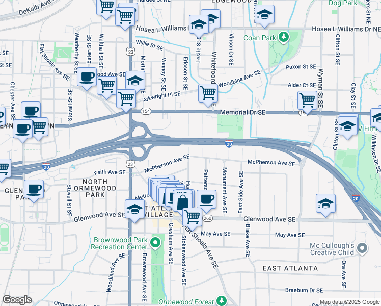 map of restaurants, bars, coffee shops, grocery stores, and more near 1326 McPherson Avenue Southeast in Atlanta