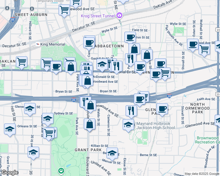 map of restaurants, bars, coffee shops, grocery stores, and more near 705 Bryan Street Southeast in Atlanta