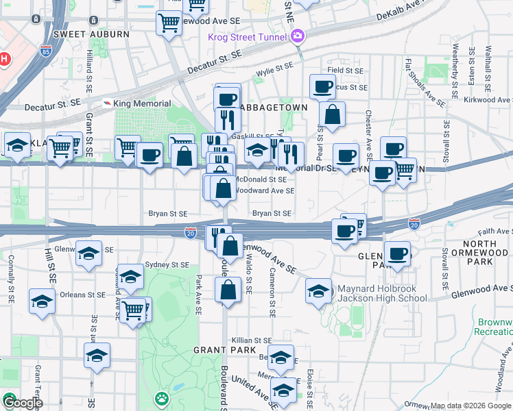 map of restaurants, bars, coffee shops, grocery stores, and more near 653 Bryan Street Southeast in Atlanta