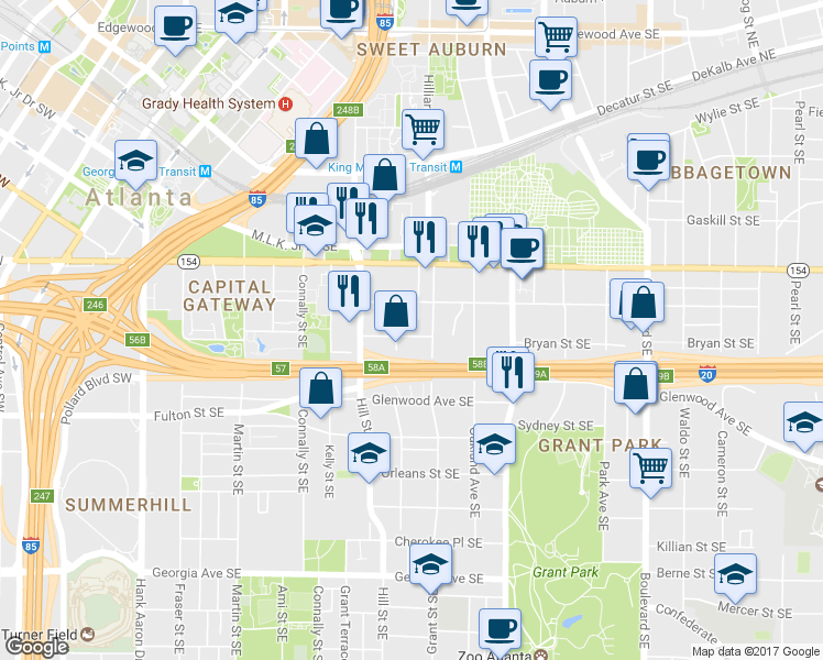 map of restaurants, bars, coffee shops, grocery stores, and more near 316 Logan Street Southeast in Atlanta