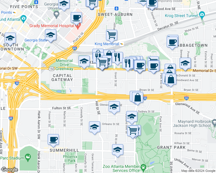 map of restaurants, bars, coffee shops, grocery stores, and more near in Atlanta