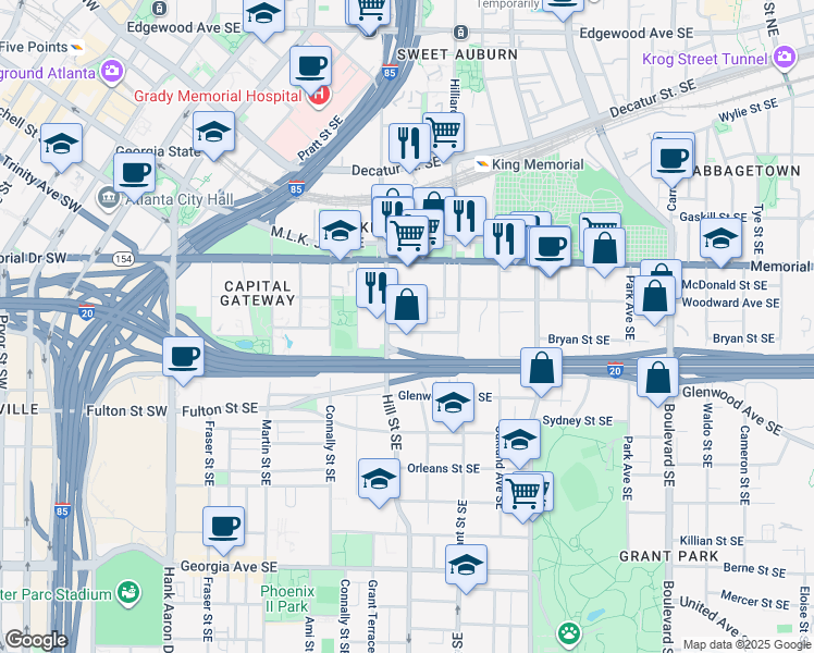 map of restaurants, bars, coffee shops, grocery stores, and more near in Atlanta