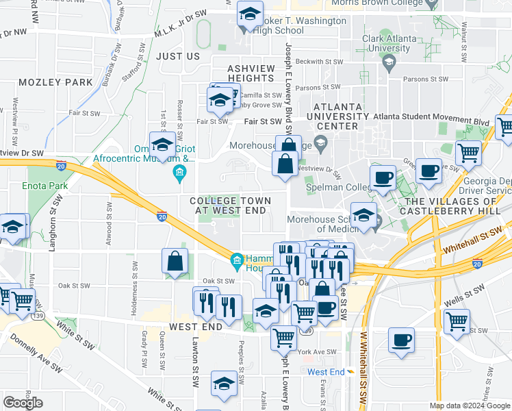 map of restaurants, bars, coffee shops, grocery stores, and more near 958 Founders Drive Southwest in Atlanta