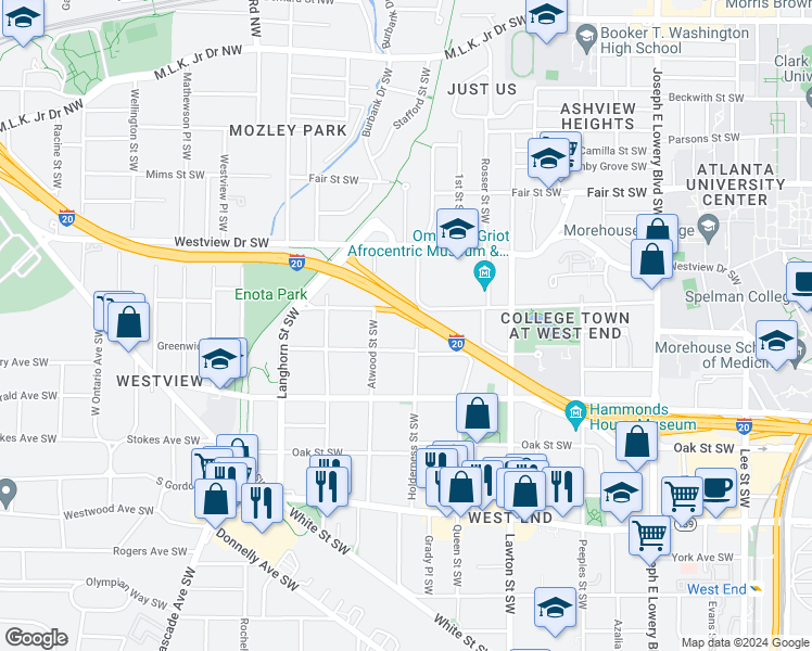 map of restaurants, bars, coffee shops, grocery stores, and more near 405 Holderness Street Southwest in Atlanta