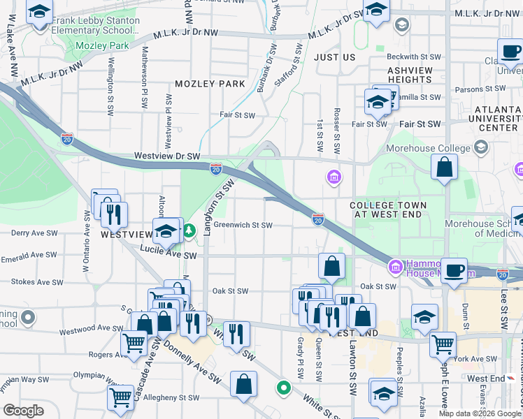 map of restaurants, bars, coffee shops, grocery stores, and more near 405 Atwood Street Southwest in Atlanta