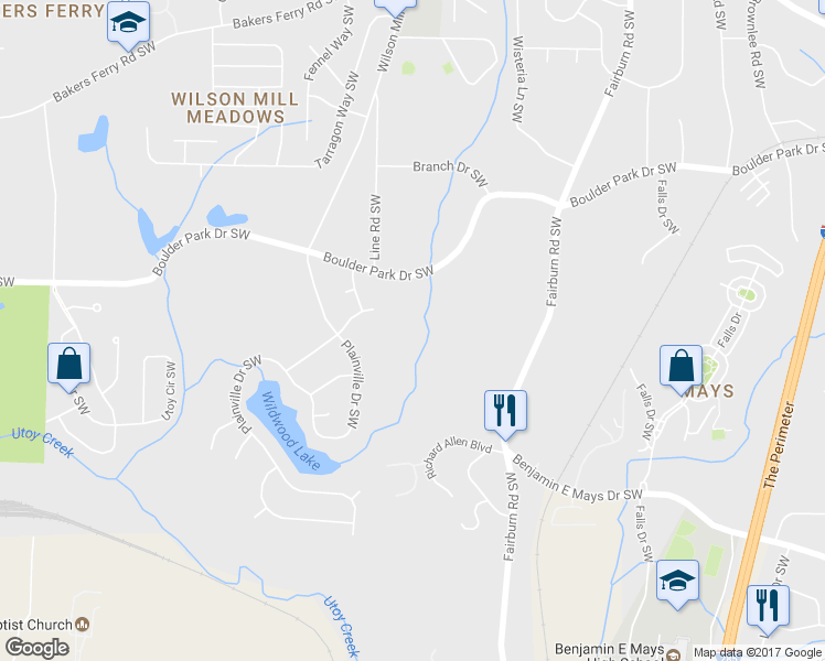 map of restaurants, bars, coffee shops, grocery stores, and more near Wildwood Park in Atlanta
