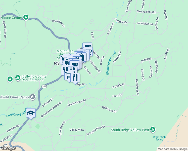 map of restaurants, bars, coffee shops, grocery stores, and more near 25970 Cedar Street in Idyllwild-Pine Cove
