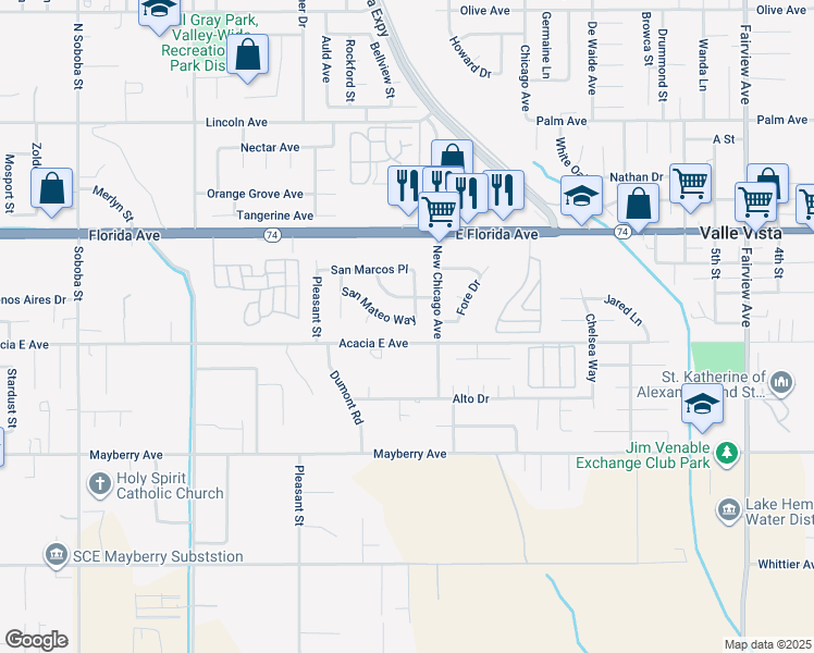 map of restaurants, bars, coffee shops, grocery stores, and more near 43231 San Mateo Way in Hemet