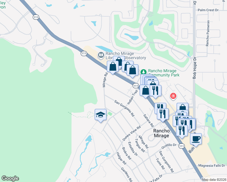 map of restaurants, bars, coffee shops, grocery stores, and more near 71339 Sahara Road in Rancho Mirage