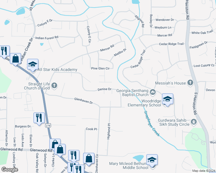 map of restaurants, bars, coffee shops, grocery stores, and more near 4448 Denise Drive in Decatur