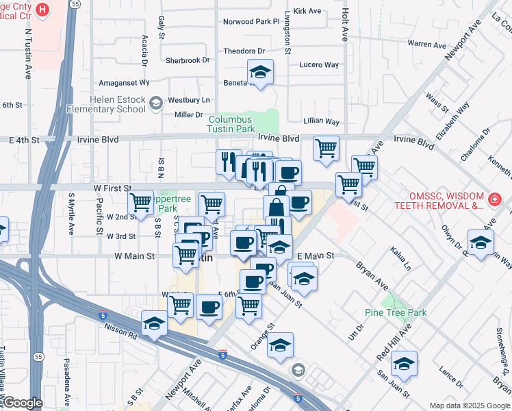 map of restaurants, bars, coffee shops, grocery stores, and more near 340 East 2nd Street in Tustin
