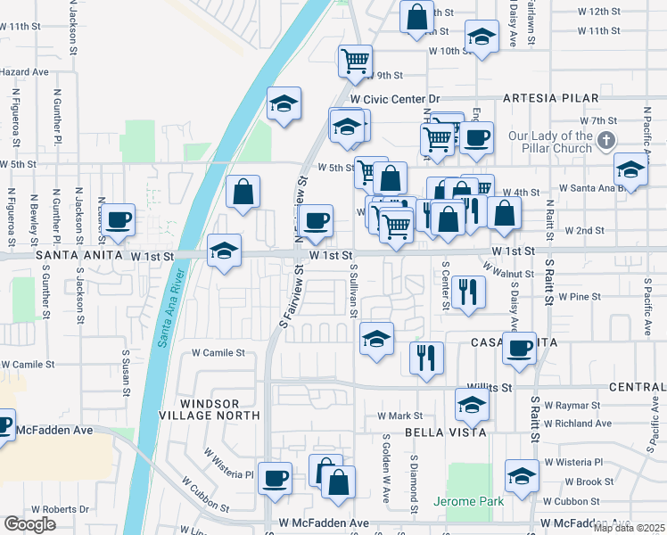 map of restaurants, bars, coffee shops, grocery stores, and more near 2516 West 1st Street in Santa Ana