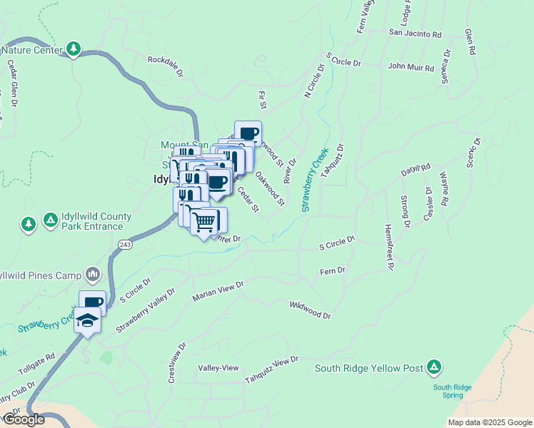 map of restaurants, bars, coffee shops, grocery stores, and more near 25970 Cedar Street in Idyllwild-Pine Cove