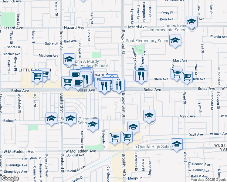 map of restaurants, bars, coffee shops, grocery stores, and more near 9938 Bolsa Avenue in Westminster