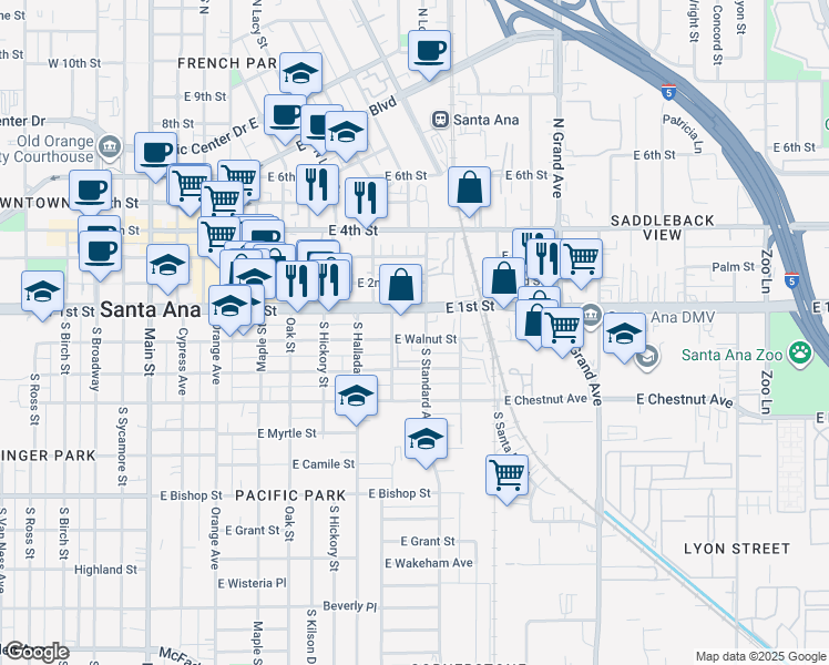 map of restaurants, bars, coffee shops, grocery stores, and more near 934 East 1st Street in Santa Ana