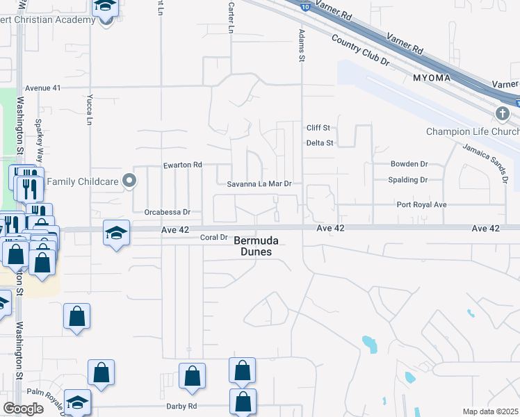 map of restaurants, bars, coffee shops, grocery stores, and more near 78650 Avenue 42 in Bermuda Dunes