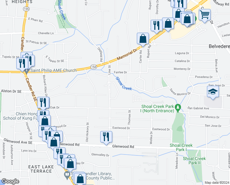 map of restaurants, bars, coffee shops, grocery stores, and more near 1627 Line Circle in Decatur