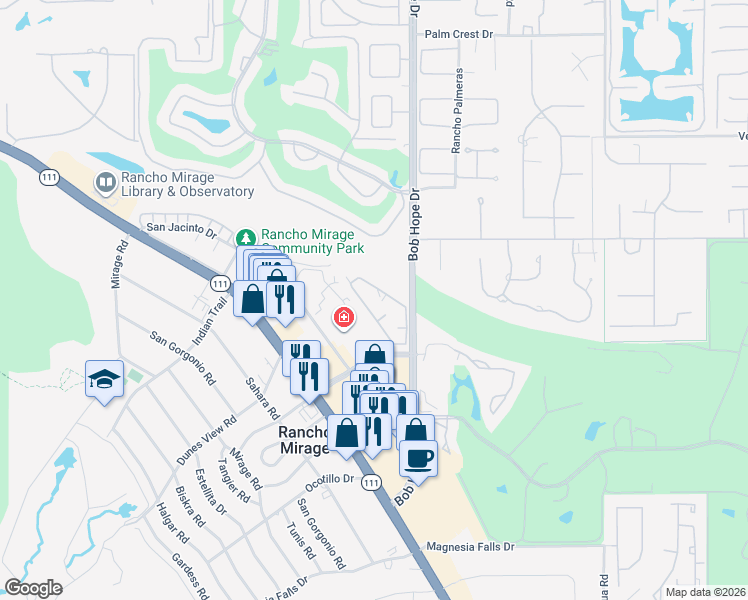 map of restaurants, bars, coffee shops, grocery stores, and more near 71853 Eleanora Lane in Rancho Mirage
