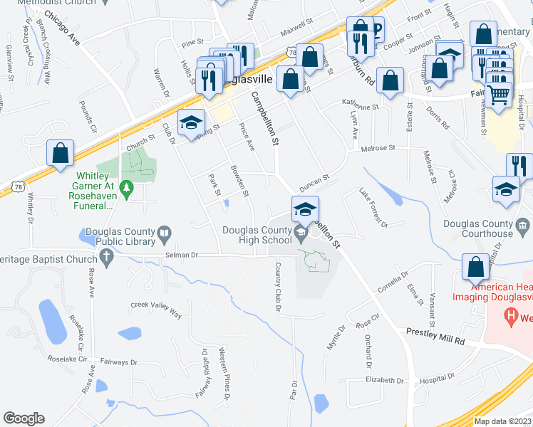 map of restaurants, bars, coffee shops, grocery stores, and more near 8688 North Anna Way in Douglasville