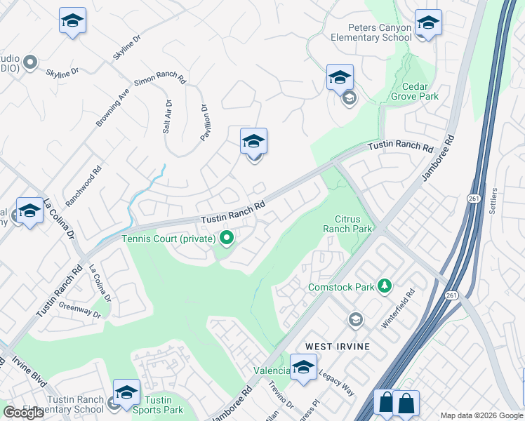 map of restaurants, bars, coffee shops, grocery stores, and more near 2605 Augusta in Tustin