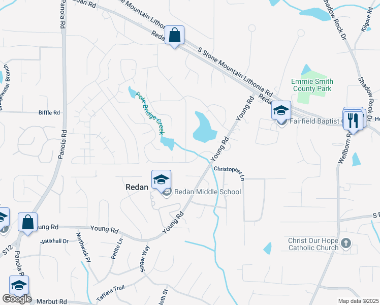 map of restaurants, bars, coffee shops, grocery stores, and more near 1600 Stoneleigh Hill Road in Lithonia