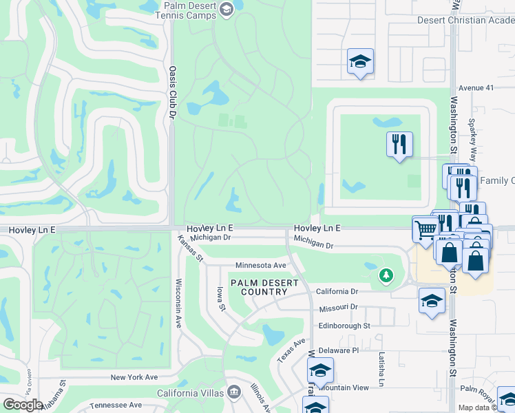 map of restaurants, bars, coffee shops, grocery stores, and more near 41927 Preston Trail in Palm Desert
