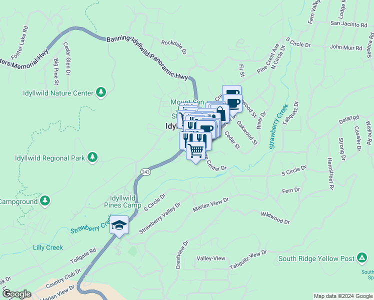 map of restaurants, bars, coffee shops, grocery stores, and more near 54240 Ridgeview Drive in Idyllwild-Pine Cove
