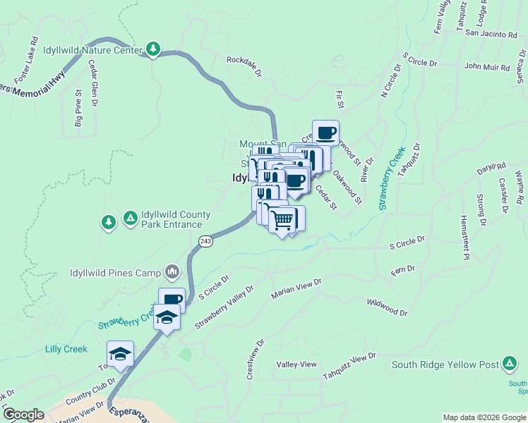 map of restaurants, bars, coffee shops, grocery stores, and more near 54240 Ridgeview Drive in Idyllwild-Pine Cove