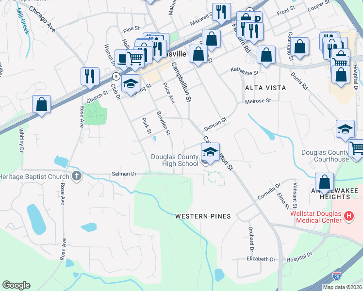 map of restaurants, bars, coffee shops, grocery stores, and more near 8667 North Anna Way in Douglasville
