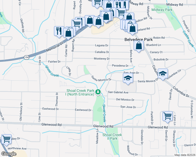 map of restaurants, bars, coffee shops, grocery stores, and more near 2944 Santa Monica Drive in Decatur